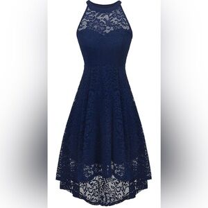 Elegant Navy Lace Halter Dress, XS